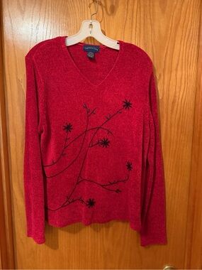 Charter Club Red V-Neck Sweater with Black Floral Vine Embroidery Size L